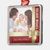 Custom Name & Photo Holiday Red, Gold Bow Ornament Aus Metall (Links)