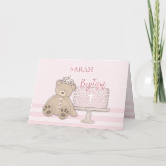 Custom Name Pink Baptism Cake Teddy Bear and Tiara Karte (Vorderseite)