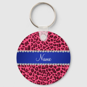 Custom name pink leopard print blue stripe schlüsselanhänger