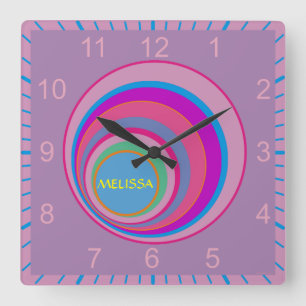 Custom name pink purple blue pretty swirl circle quadratische wanduhr