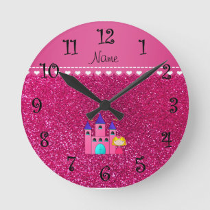 Custom name princess castle neon hot pink glitter runde wanduhr