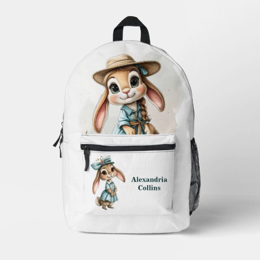 Custom Name Rabbit in a blue dress Bedruckter Rucksack (Vorderseite)