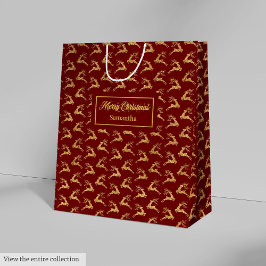 Custom Name Red and Gold Reindeer Gift Bag Mittlere Geschenktüte