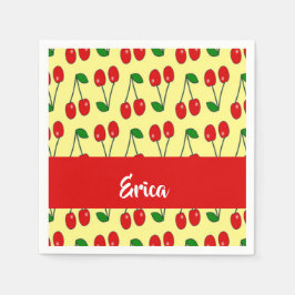 Custom name red cherries on yellow serviette