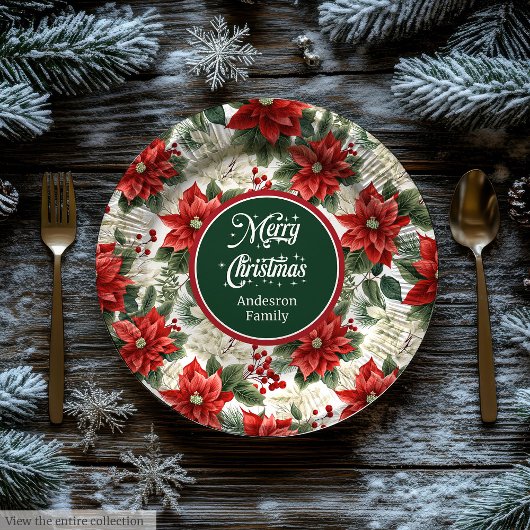 Custom Name Red Poinsettia Christmas Party Plates Pappteller