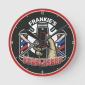 Custom NAME Retro Barber Shop Pole Barbershop Runde Wanduhr (Vorderseite)