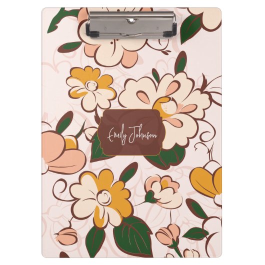 Custom Name Retro Floral Meadow Cream Peach Yellow Klemmbrett (Vorderseite)