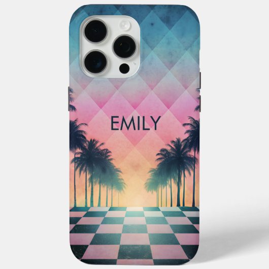 Custom Name Retro Synthwave Sunset Palm Trees Case-Mate iPhone Hülle (Rückseite)