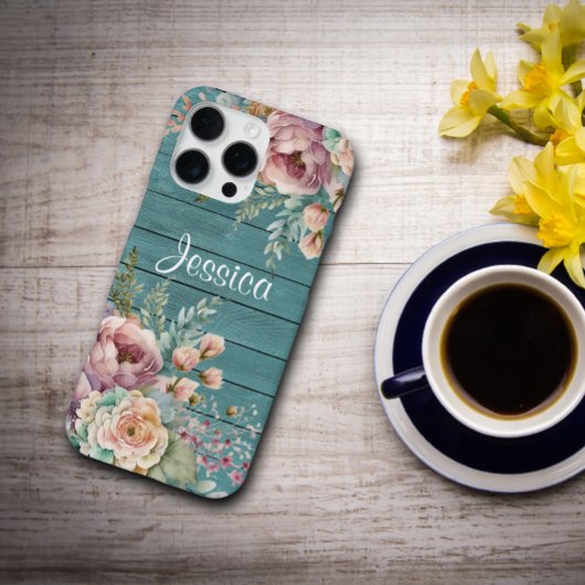 Custom Name Rustic Teal Wood Floral Personalized iPhone Hülle
