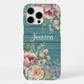 Custom Name Rustic Teal Wood Floral Personalized iPhone Hülle (Rückseite)