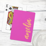 Custom name script bold magenta orange spielkarten<br><div class="desc">Playing cards featuring your name in an orange script font on a magenta hot pink background. Bold and colorful design.</div>