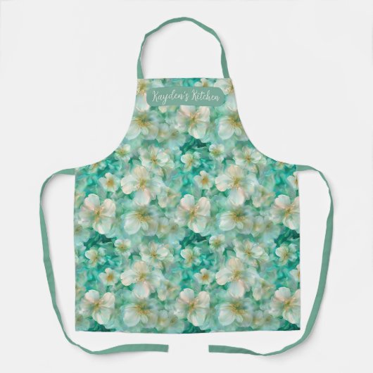 Custom Name Script Kitchen Floral Green Coffee Schürze (Vorderseite)