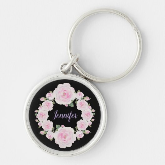Custom Name, Soft Pink Roses Wreath Metal Keychain Schlüsselanhänger (Vorne)