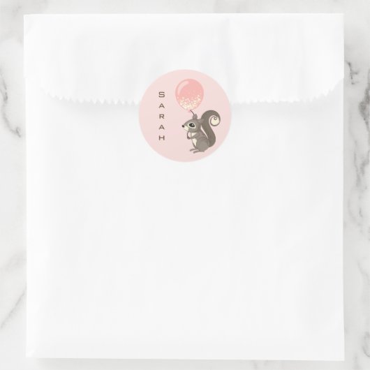 Custom Name Squirrel with Pink Balloon Runder Aufkleber (Tasche)