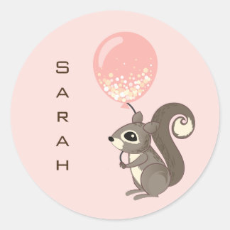 Custom Name Squirrel with Pink Balloon Runder Aufkleber