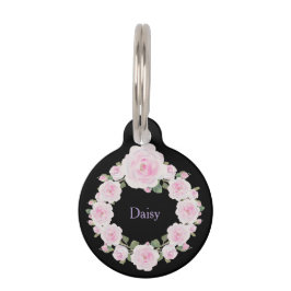 Custom Name, Text, Pink Rose Wreath Pet Dog ID Tag Haustiermarke