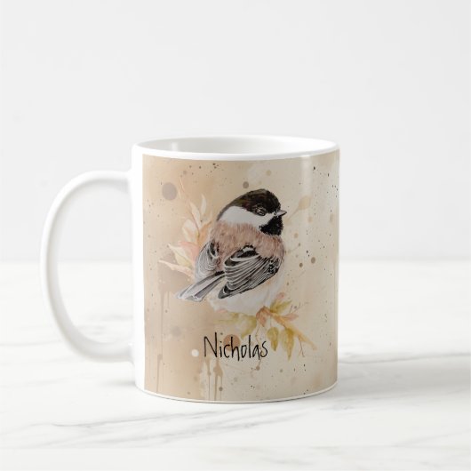 Custom Name Text Watercolor Chickadee Bird Kaffeetasse (Links)