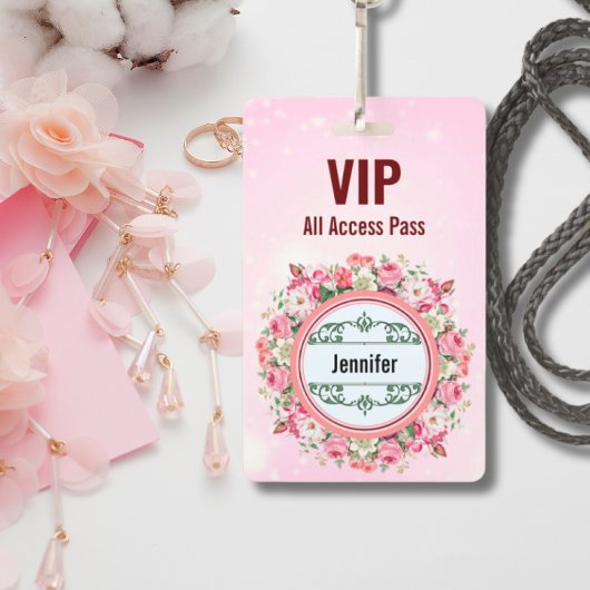 Custom Name VIP All Access Pass Floral Badge Pink Ausweis