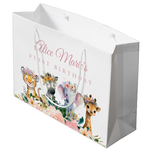Custom Name Watercolor Safari Animal Birthday Große Geschenktüte (Rückseite Schrägansicht)