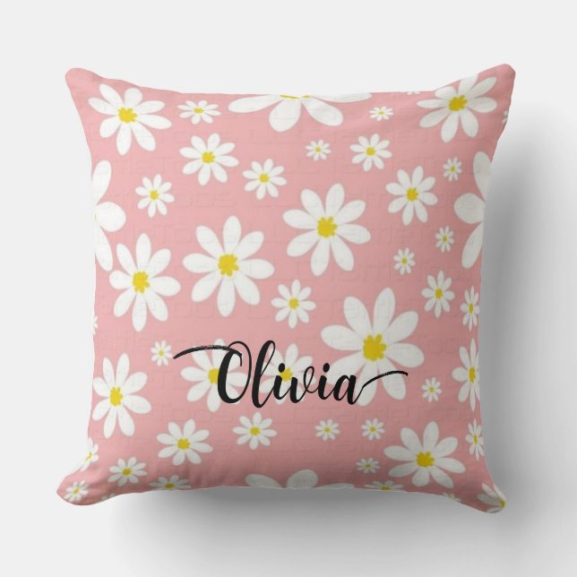 Custom Name White Floral Background Throw Pillow Kissen (Vorderseite)