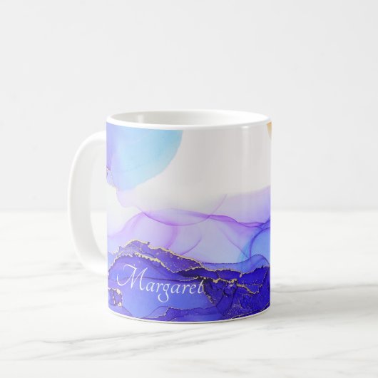 Custom Named Violet Blue Orange Alcohol Ink Art Kaffeetasse (Vorderseite Links)