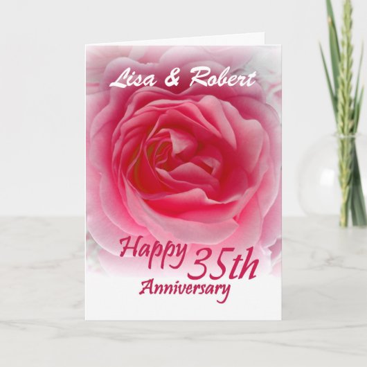 CUSTOM NAMES - 35th Anniversary with Pink Rose Karte (Vorderseite)