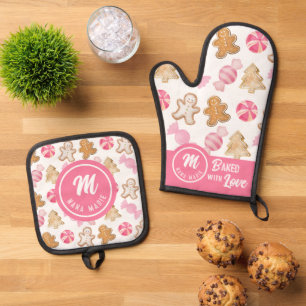 Custom Nana Monogram Pink Sugarplums & Gingerbrett Ofenhandschuh & Topflappen-Set