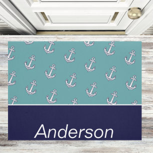 Custom Nautic Anchor Aquamarin Navy Blue Fußmatte