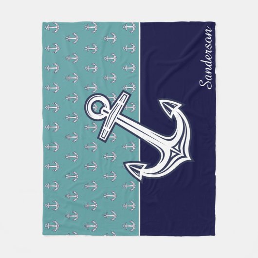 Custom Nautic Anchor Bad Aquamarin Navy Blue Fl Fleecedecke (Vorderseite)