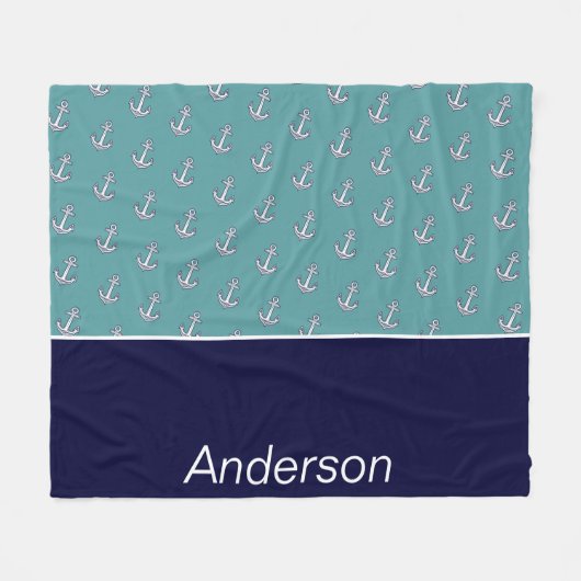 Custom Nautic Anchor Bad Aquamarin Navy Blue Fleecedecke (Vorderseite (Horizontal))