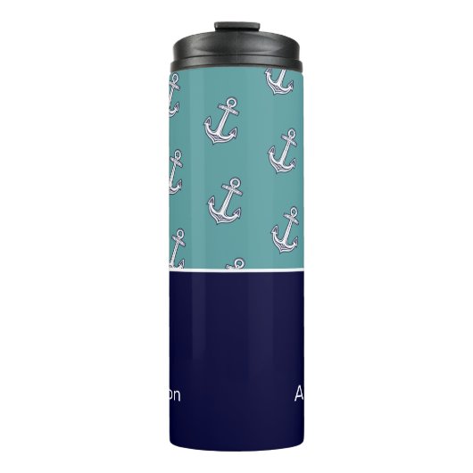 Custom Nautic Anchor Bad Aquamarin Navy Blue Thermosbecher (Vorderseite)