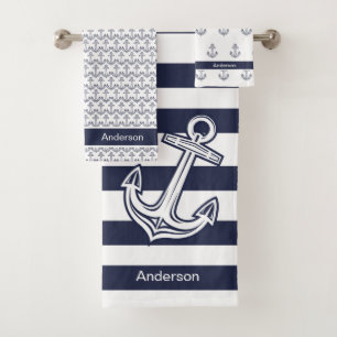 Custom Nautic Anchor Bad Navy Blue Streifen Badhandtuch Set