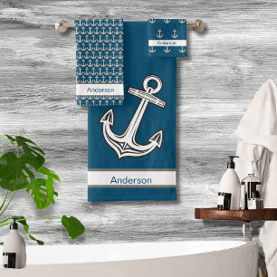 Custom Nautic Anchor Bad Ocean Grau Weiß Badhandtuch Set