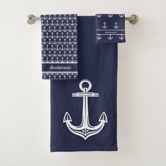 Custom Nautic Anchor Bad Ocean Navy Blau Badhandtuch Set (Insitu)