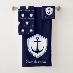 Custom Nautic Anchor Bad Ocean Navy Blau Badhandtuch Set