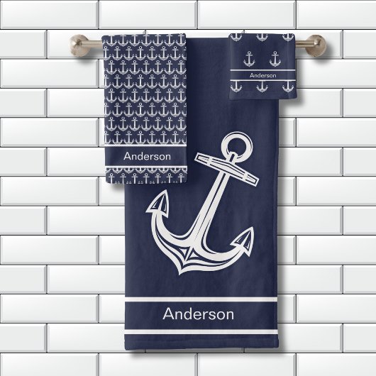 Custom Nautic Anchor Bad Ocean Navy Blau Badhandtuch Set