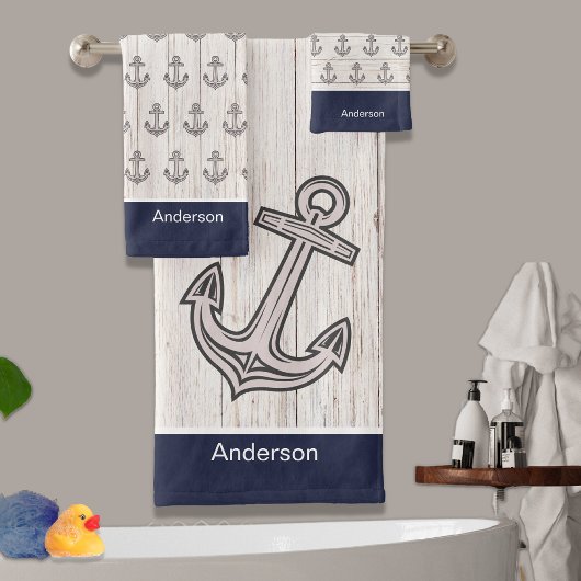 Custom Nautic Anchor Bad Ocean Navy Blau Badhandtuch Set