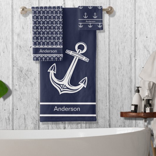 Custom Nautic Anchor Bad Ocean Navy Blau Badhandtuch Set