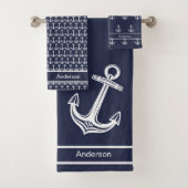 Custom Nautic Anchor Bad Ocean Navy Blau Badhandtuch Set (Insitu)