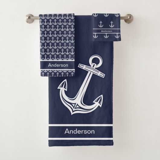 Custom Nautic Anchor Bad Ocean Navy Blau Badhandtuch Set (Insitu)