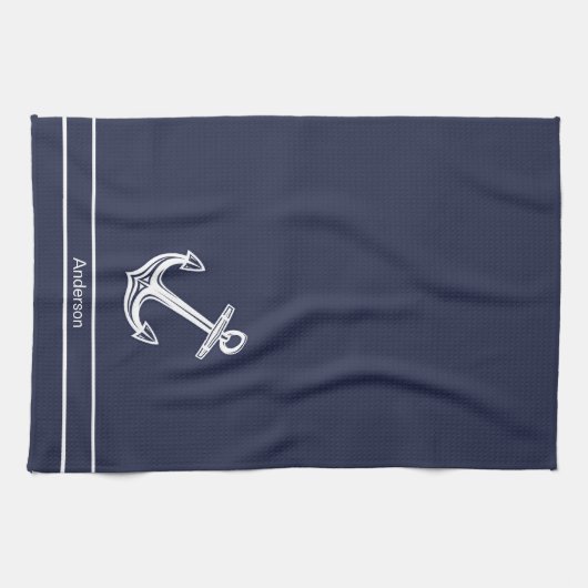 Custom Nautic Anchor Bad Ocean Navy Blau Geschirrtuch (Horizontal)
