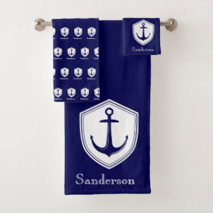 Custom Nautic Anchor Bad Ocean Navy Blue B Badhandtuch Set