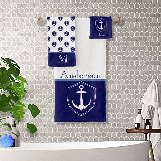 Custom Nautic Anchor Bad Ocean Navy Blue B Badhandtuch Set