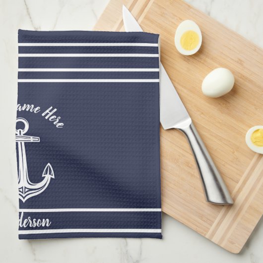 Custom Nautic Anchor Bad Ocean Navy Blue B Geschirrtuch (Viertel Falte)