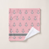 Custom Nautic Anchor Badezimmer Pink Grau Weiß Badhandtuch Set (Waschlappen)