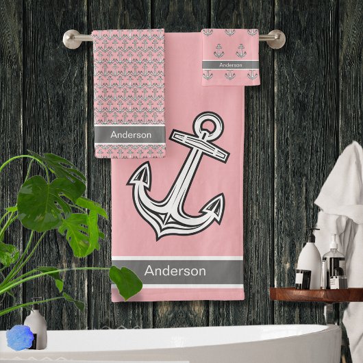 Custom Nautic Anchor Badezimmer Pink Grau Weiß Badhandtuch Set