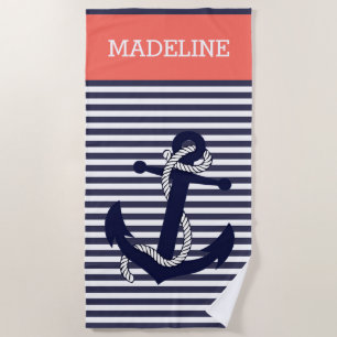 Custom Nautic Anchor Blue Coral Orange Stripes Strandtuch