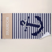 Custom Nautic Anchor Blue Taupe Beige Streifen Strandtuch (Vorderseite)