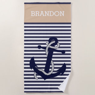 Custom Nautic Anchor Blue Taupe Beige Streifen Strandtuch