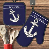 Custom Nautic Anchor Marine Navy Blue Ofenhandschuh & Topflappen-Set